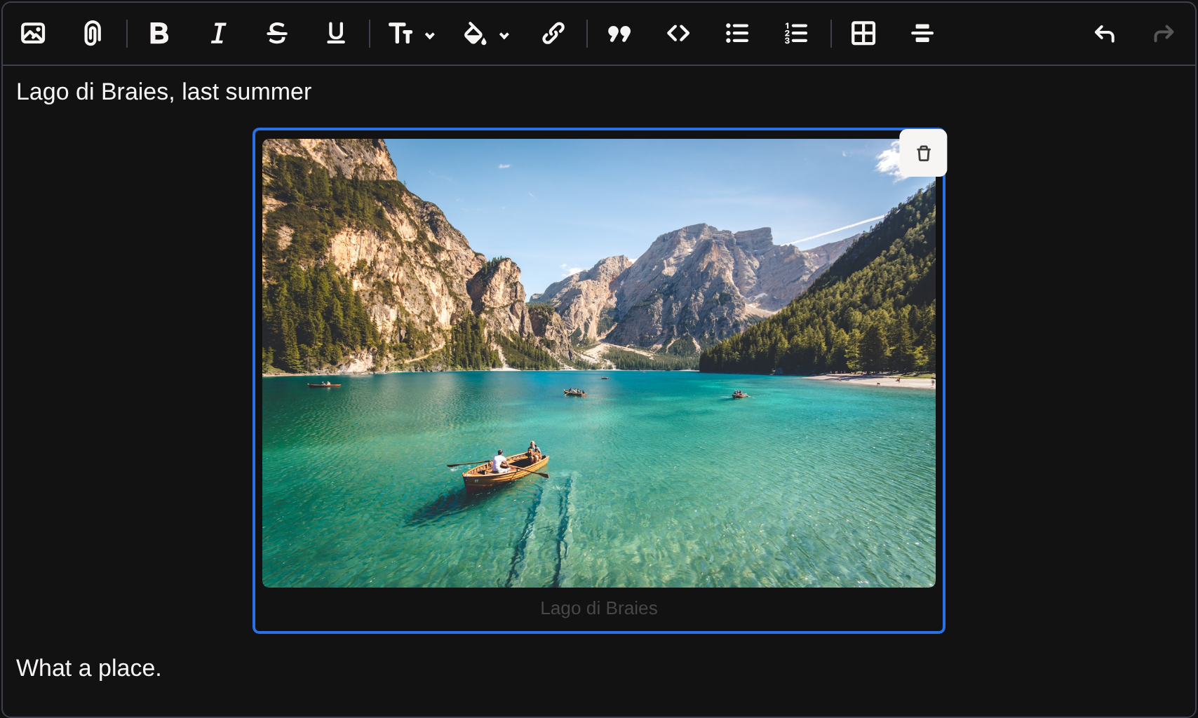 Lexxy with a photo attachment selected and its Remove control