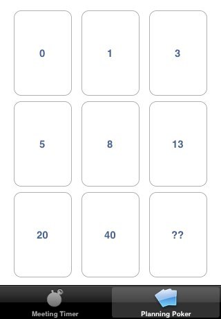 Screenshot of the planning poker deck of the ScrumTools for iPhone